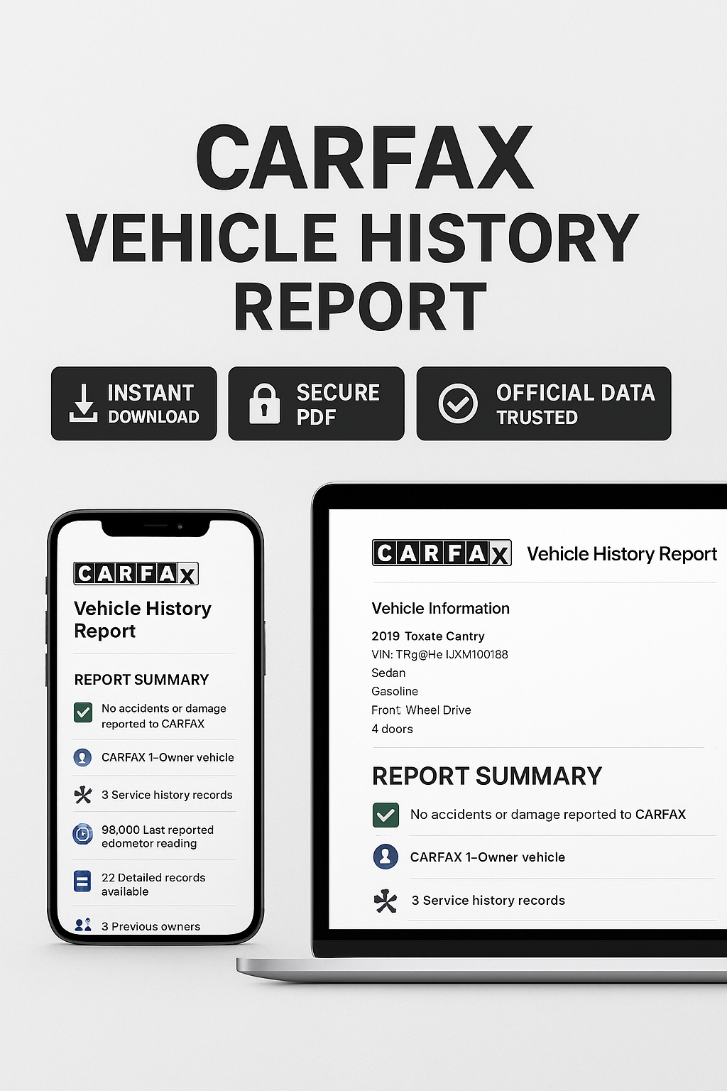 Official Carfax Vehicle History Report – Accident, Title, Mileage & Service Records (Instant PDF)